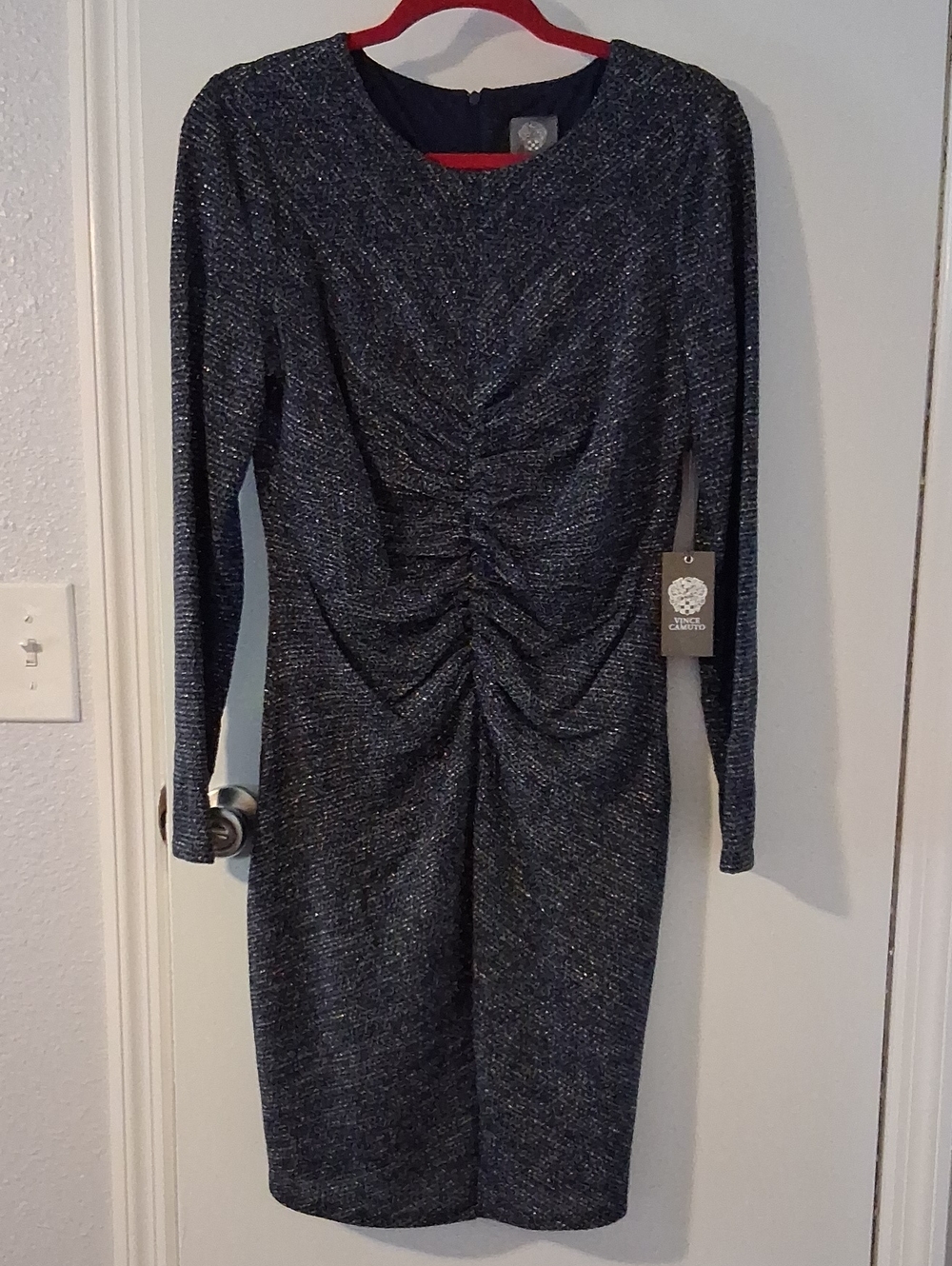 Vince Camuto Black Metallic Ruched Long-Sleeve Dress
